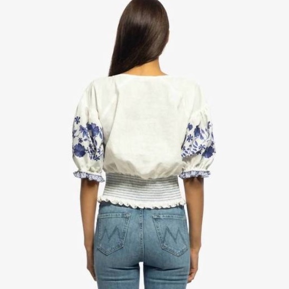 SHOSHANNA | NWT $378 Diego Linen Embroidered Top in White/Blue, Size Medium - Picture 2 of 9